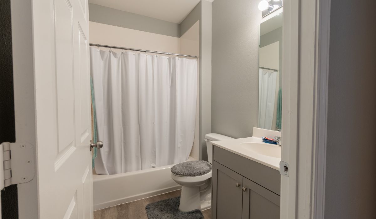 A bathroom with a full bath shower, countertop sink, toilet, and full sized mirror.